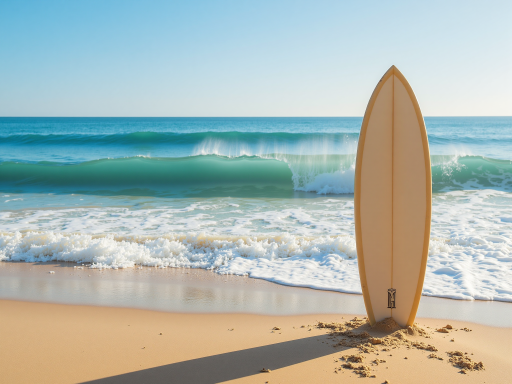 TRPSURF入门级动力冲浪板，白色机身配蓝色装饰，流线型设计，沙滩背景